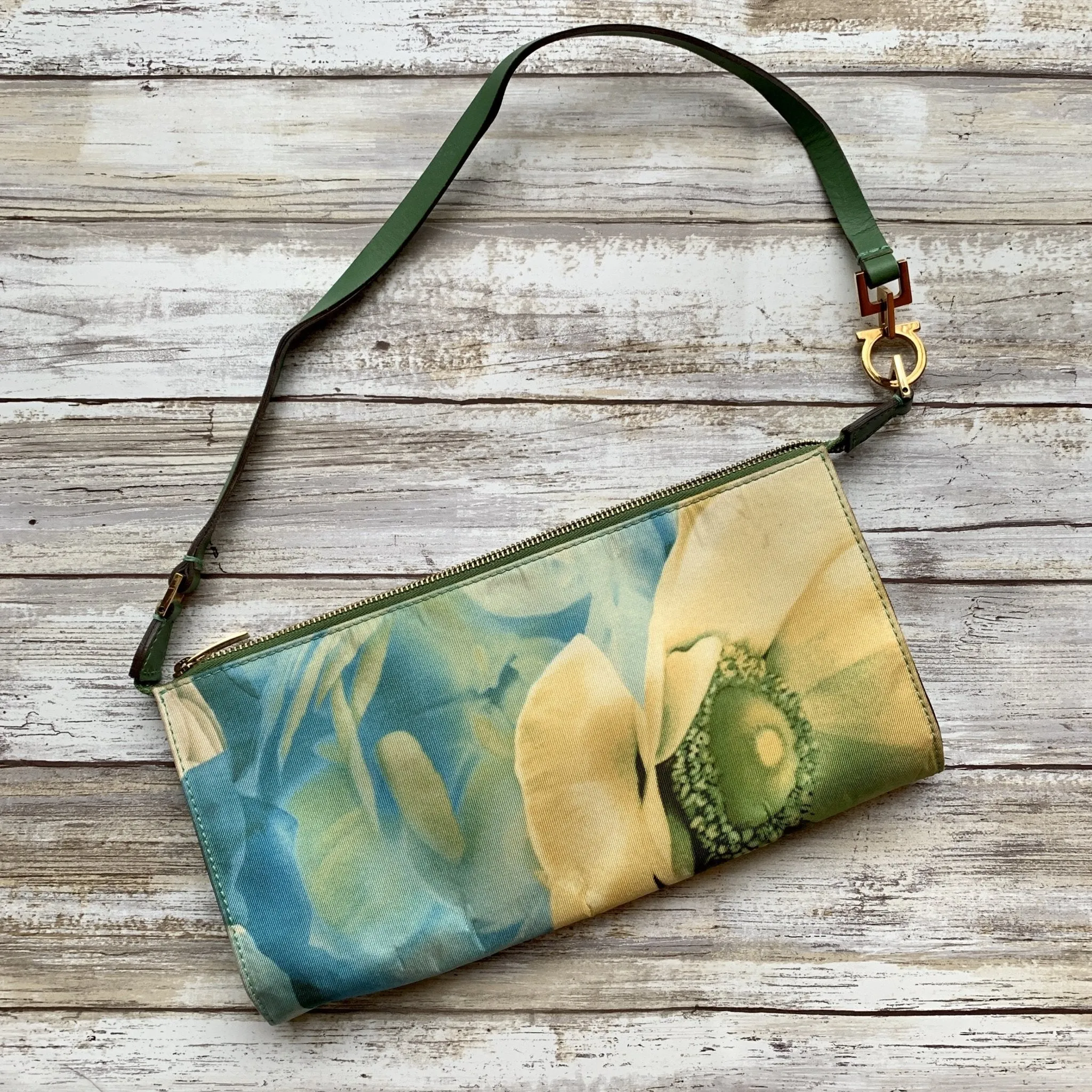 1990s Silk Floral Scarf Clutch by Salvatore Ferragamo. Sustainable Vintage Fashion Accessory.